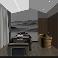SPA Sauna Room With Massage Bed Wooden Barrel Bathtub And Mountain Landscape Painting