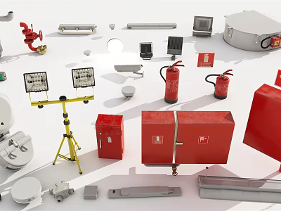 Various Fire Safety Equipment Types Including Red Cabinets Extinguishers Hydrants and Alarms 3d model