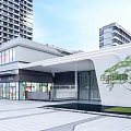 Contemporary Community Entrance Gate with Glass and Surrounding High Rise Buildings Green Plants Paved Square