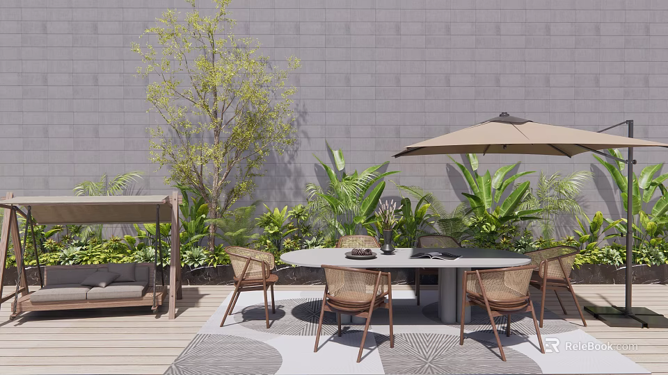 Outdoor Table and Chair Set with Umbrella Lush Plants and Gray Wall 3d model 