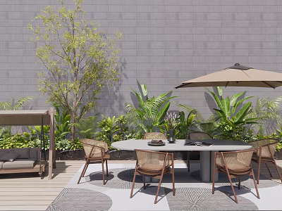 Outdoor Table and Chair Set with Umbrella Lush Plants and Gray Wall 3d model