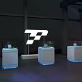 Event Entrance Stage Design with Blue Purple Lighting Theme Text and Company Logo