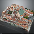Colorful Birds Flying Over Historic Red Roof City Model With Green Church