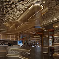 Luxurious Restaurant Interior With Circular Ceiling Design Red Sofa And Waterfall Screen