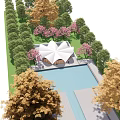 Modern Building With White Roof Glass Walls Pink Cherry Blossom Trees And Water Pool