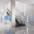 Modern Lobby With Escalator Staircase Marble Floor Bright Lighting And Clear Signage