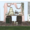 Romantic Outdoor Photo Spot With Pink Drapes Green Vines Three Tiered Cake And Wooden Deck