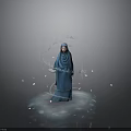 Spiritual Scene With Blue Hijab Woman Glowing Arabic Calligraphy And Floating Light Particles