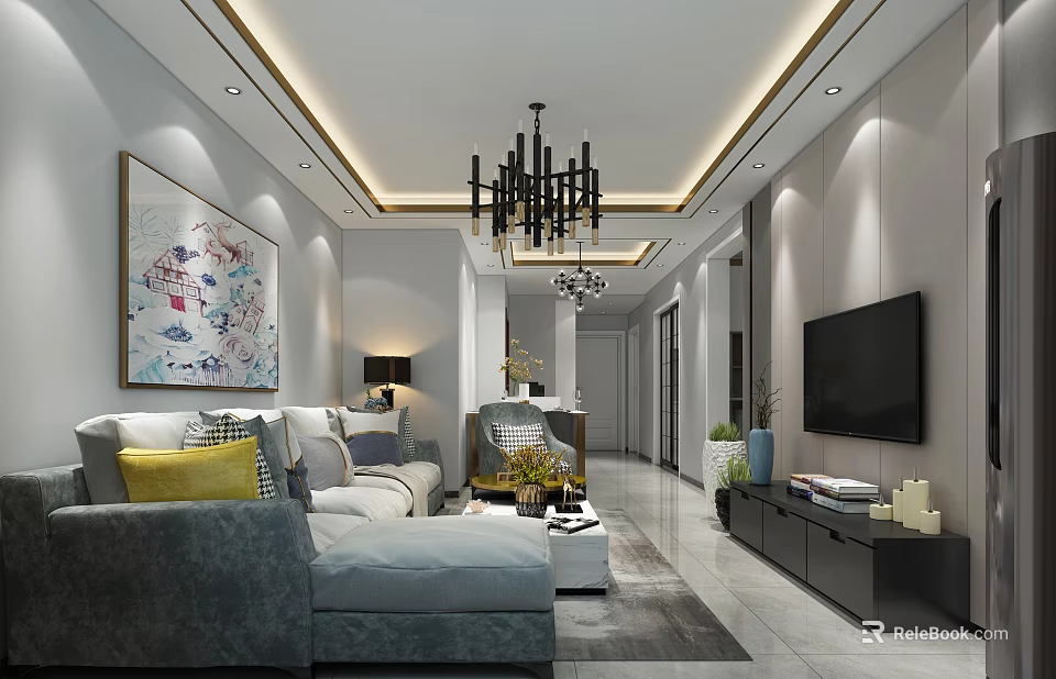 Modern Light Luxury Living And Dining Room With Stylish Chandelier And Comfortable Sofa Interior Design 3d model 