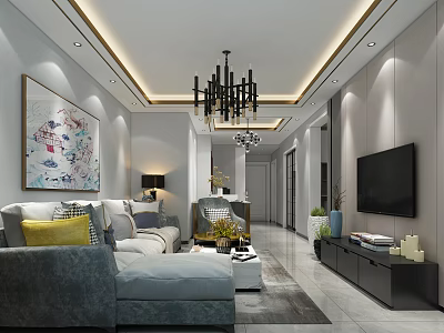 Modern Light Luxury Living And Dining Room With Stylish Chandelier And Comfortable Sofa Interior Design 3d model
