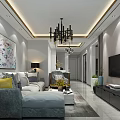 Modern Light Luxury Living And Dining Room With Stylish Chandelier And Comfortable Sofa Interior Design
