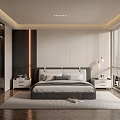 Modern Bedroom Interior With Gray White Bedding Black Accent Wall Light Strip And Herringbone Floor