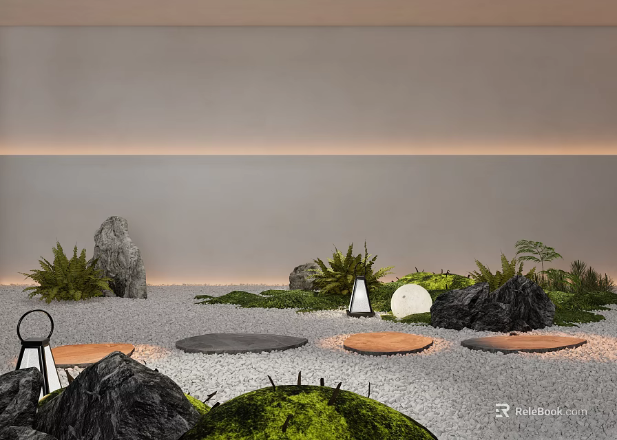 Contemporary Indoor Landscape Design With Rocks Greenery Gravel Ground And Circular Platforms 3d model 