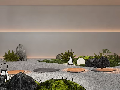Contemporary Indoor Landscape Design With Rocks Greenery Gravel Ground And Circular Platforms 3d model
