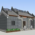 Classical Ancient Architecture With Gray Brick Walls Eave Roof Stone Lions And Green Plants