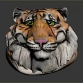 Colorful Tiger Head Sculpture With Orange Black Stripes Green Eyes And Pink Nose