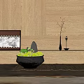 Bonsai Potted Plant in Black Pot with Green Moss Succulents Stones Against Wooden Wall Background