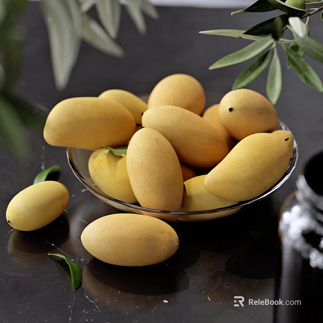 Fresh Yellow Mangoes in Glass Bowl with Green Leaves on Black Background 3d model 