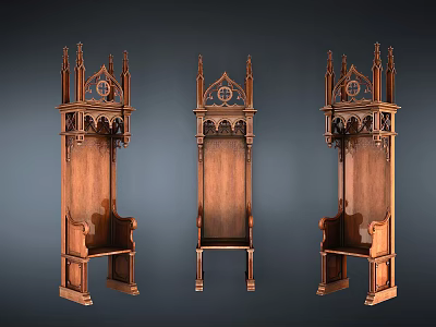 Three Classic Gothic Wooden Leisure Chairs With Carved High Back And Decorative Spires 3d model
