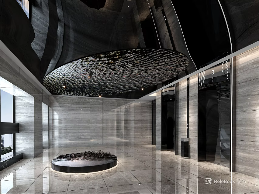 Modern Elevator Lobby With Marble Walls Flooring Unique Ceiling Design And Glass Windows 3d model