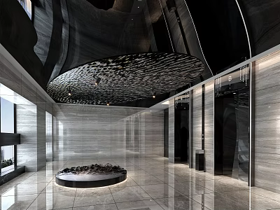 Modern Elevator Lobby With Marble Walls Flooring Unique Ceiling Design And Glass Windows 3d model