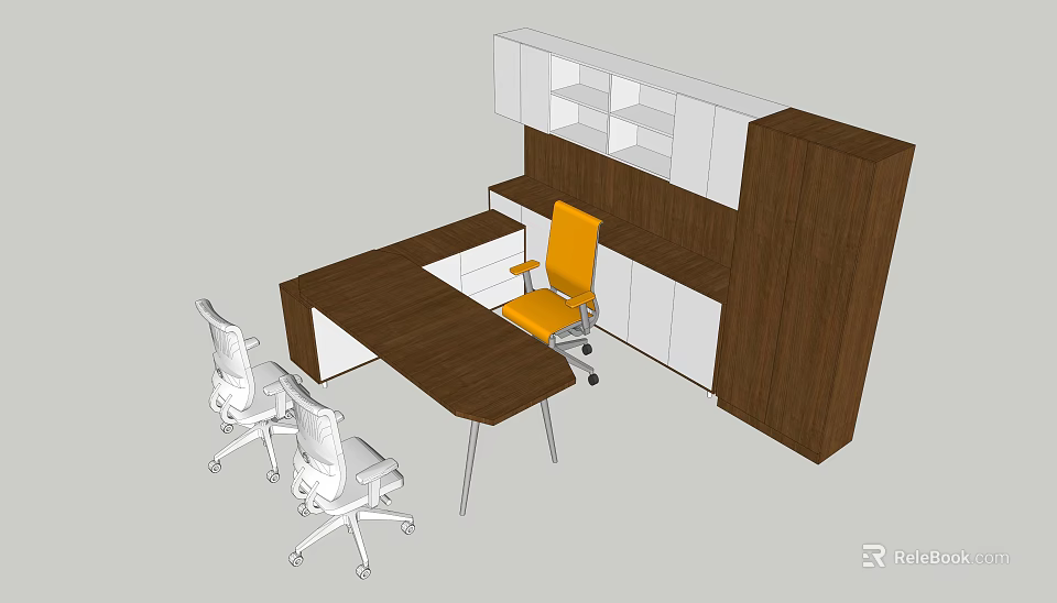 Modern Office Desk With Wooden Top White Chairs Orange Chair And Storage Cabinet 3d model 