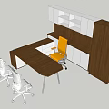 Modern Office Desk With Wooden Top White Chairs Orange Chair And Storage Cabinet