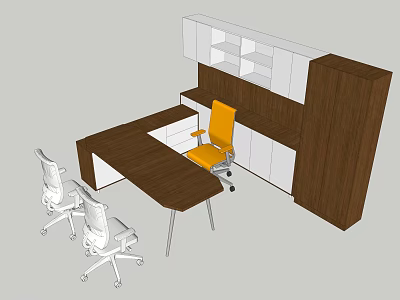 Modern Office Desk With Wooden Top White Chairs Orange Chair And Storage Cabinet 3d model