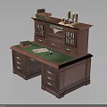 Mahogany Wooden Desk With Green Writing Top And Drawers Featuring Books Candles And Ink Bottle