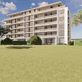Modern Residential Multi Storey Apartment Building With Lawn Trees And Green Spaces