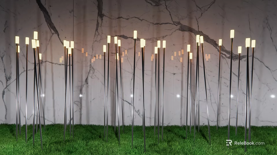Modern Outdoor Lights With Slim Metal Poles And White Lamps On Green Grass 3d model 