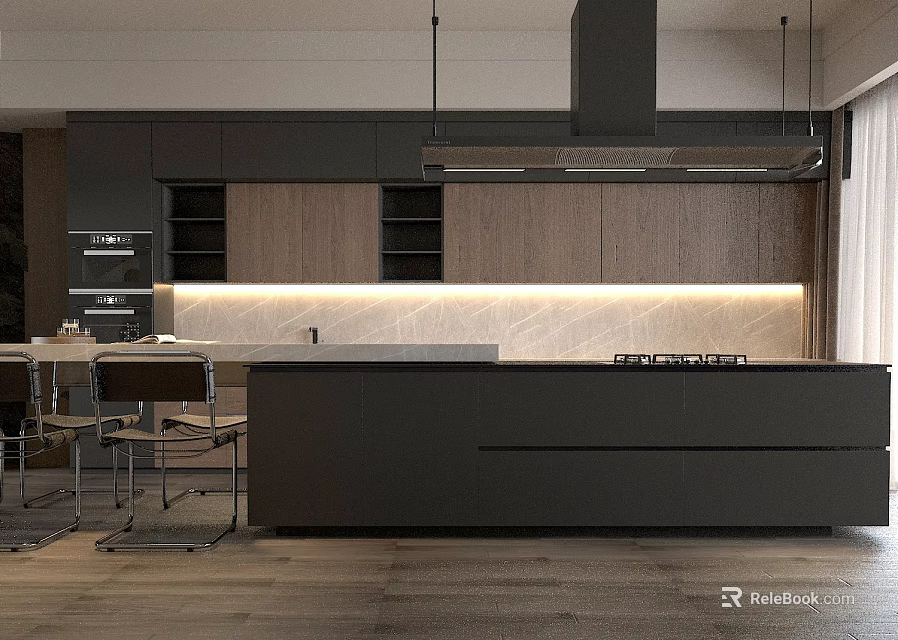 Modern Kitchen Interior With Dark Cabinets Wooden Paneling And Island Countertop 3d model 