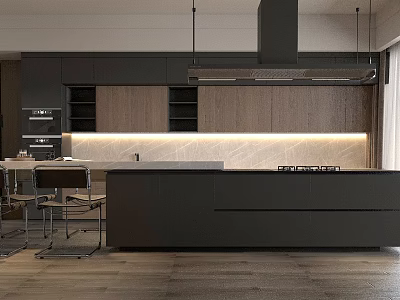 Modern Kitchen Interior With Dark Cabinets Wooden Paneling And Island Countertop 3d model