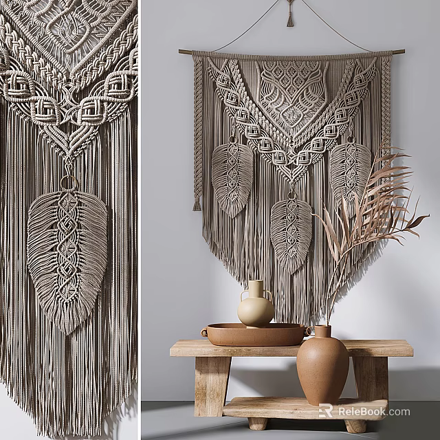 Boho Macramé Wall Hanging With Feather Design And Decorative Clay Vases On Wooden Table 3d model 