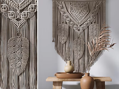Boho Macramé Wall Hanging With Feather Design And Decorative Clay Vases On Wooden Table 3d model