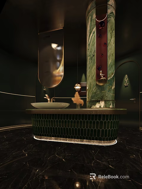 Modern Other Bathroom Interior With Green Tiles Sink Round Mirror And Lighting 3d model 