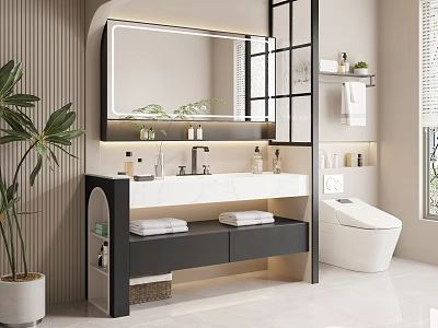 Modern Elegant Bathroom Vanity Unit With Mirror Marble Countertop Drawers Open Shelves Green Plant 3d model