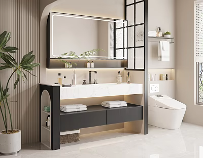 Modern Elegant Bathroom Vanity Unit With Mirror Marble Countertop Drawers Open Shelves Green Plant 3d model