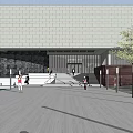 Modern Public Building Exterior With Circular Roof Water Pool Pedestrian Walkway And Greenery
