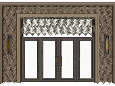Modern Entrance Door Design With Glass Panels Side Sconces And Patterned Frame Texture 3d model