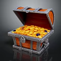 Open Treasure Chest Filled With Gold Coins Wooden Body And Metal Accents Design