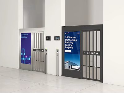 VIC 30 Years Building Successful Projects Turnstile Gates Metal Doors White Walls Tile Floor 3d model