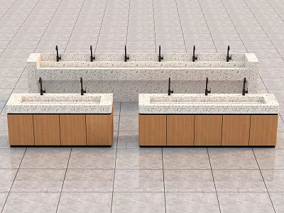 Modern Public Washbasins With Terrazzo Countertop And Wooden Base Cabinets 3d model