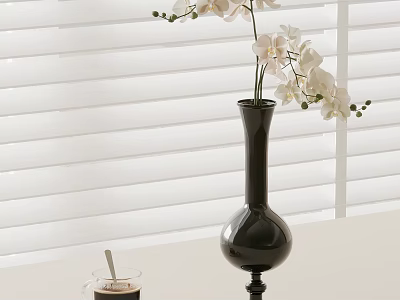 Elegant Interior With White Blinds Black Vase White Orchids Coffee With Spoon On White Tabletop 3d model