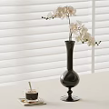 Elegant Interior With White Blinds Black Vase White Orchids Coffee With Spoon On White Tabletop