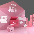 Pink Scene With Smiling Boxes Buildings Clouds And Blind Box Elements 3d model