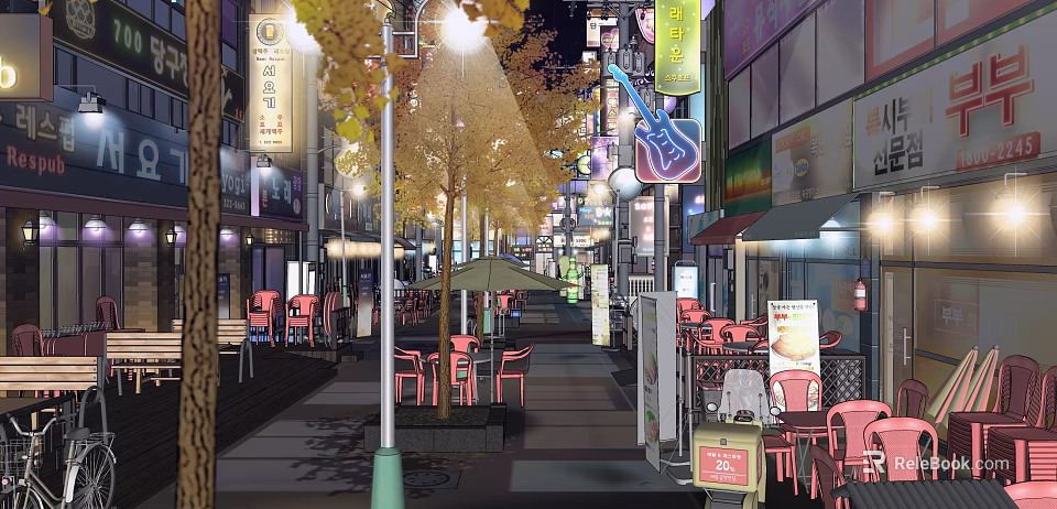 Vibrant Night Commercial Street With Street Lamps Neon Lights Outdoor Seating And Shop Signs 3d model 