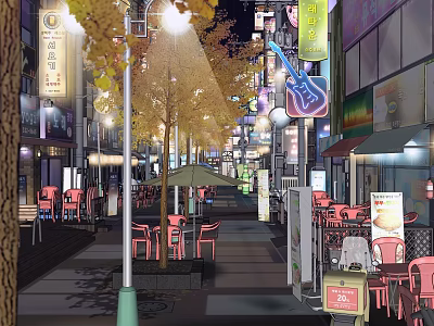 Vibrant Night Commercial Street With Street Lamps Neon Lights Outdoor Seating And Shop Signs 3d model