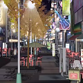 Vibrant Night Commercial Street With Street Lamps Neon Lights Outdoor Seating And Shop Signs