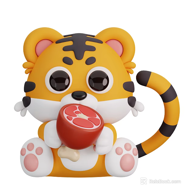 Cute Cartoon Tiger with Big Eyes Pink Paws Holding Juicy Meat Bone in Playful Pose 3d model 